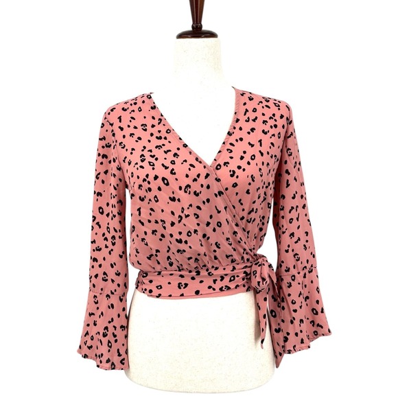 H&M Tops - DIVIDED by H&M Women's 2 Pink & Black Leopard Print Wrap Crop Top Bell Sleeves
